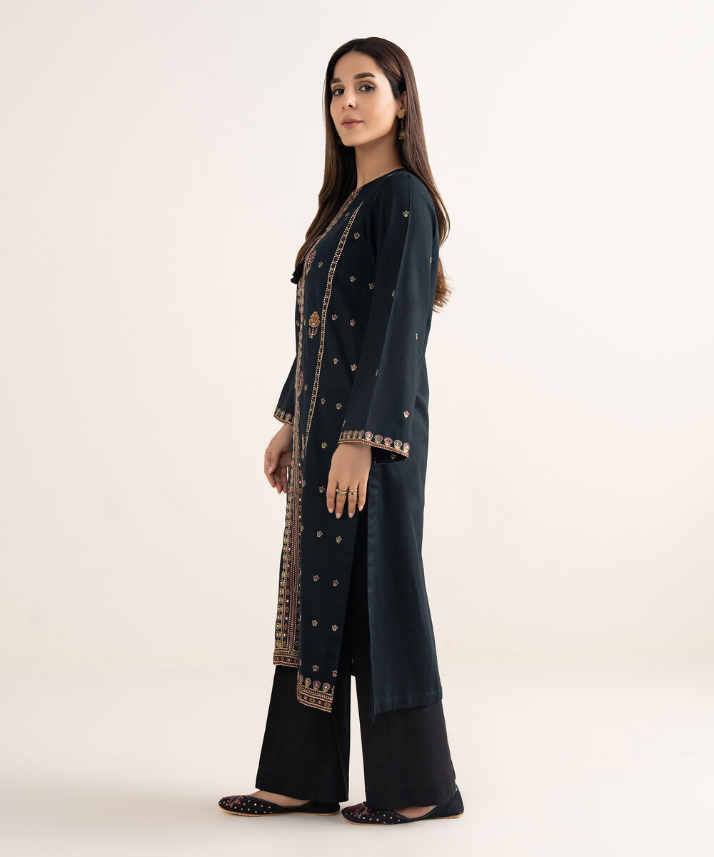 Women's RTW Textured Cotton Black Embroidered A-Line Shirt