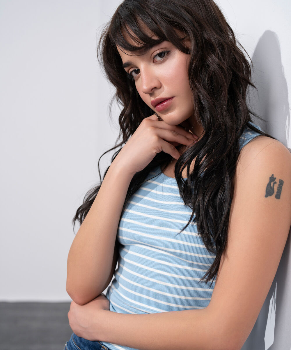 Women's Western Blue And White Striped Sleeveless Tank Top