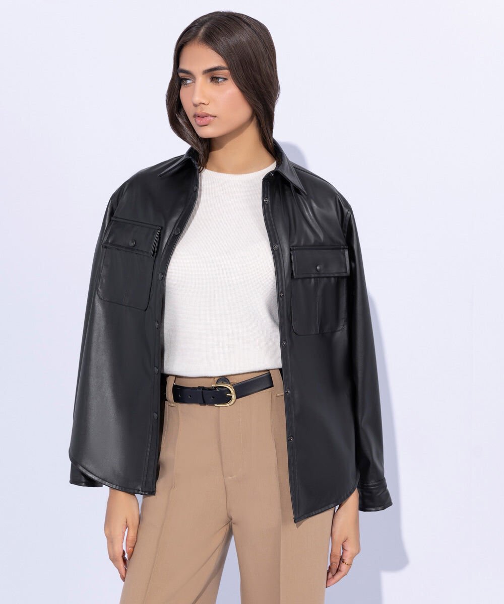 Woman - Black Faux Leather Overshirt