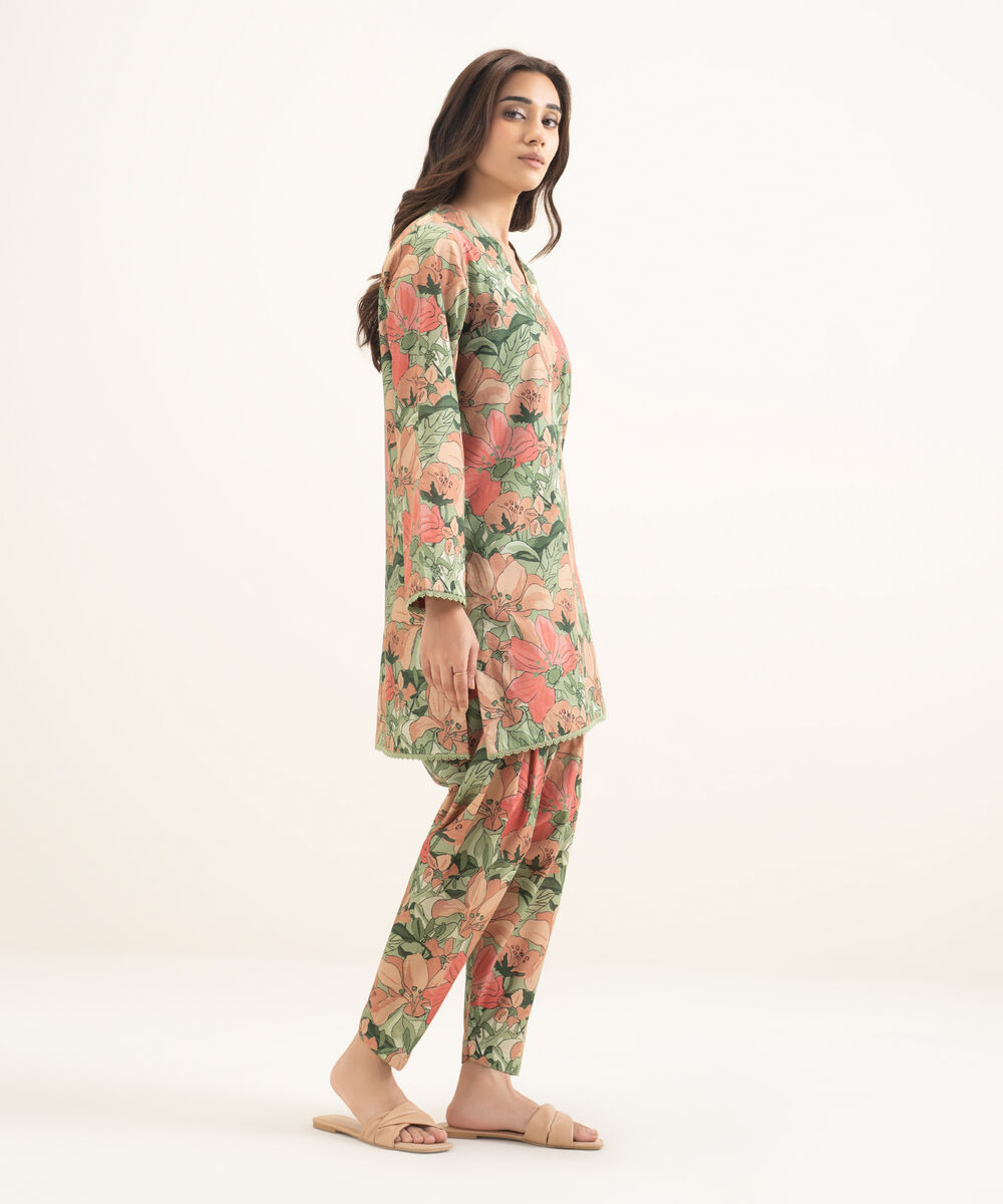 Women's RTW Cambric Printed Green Straight Shirt