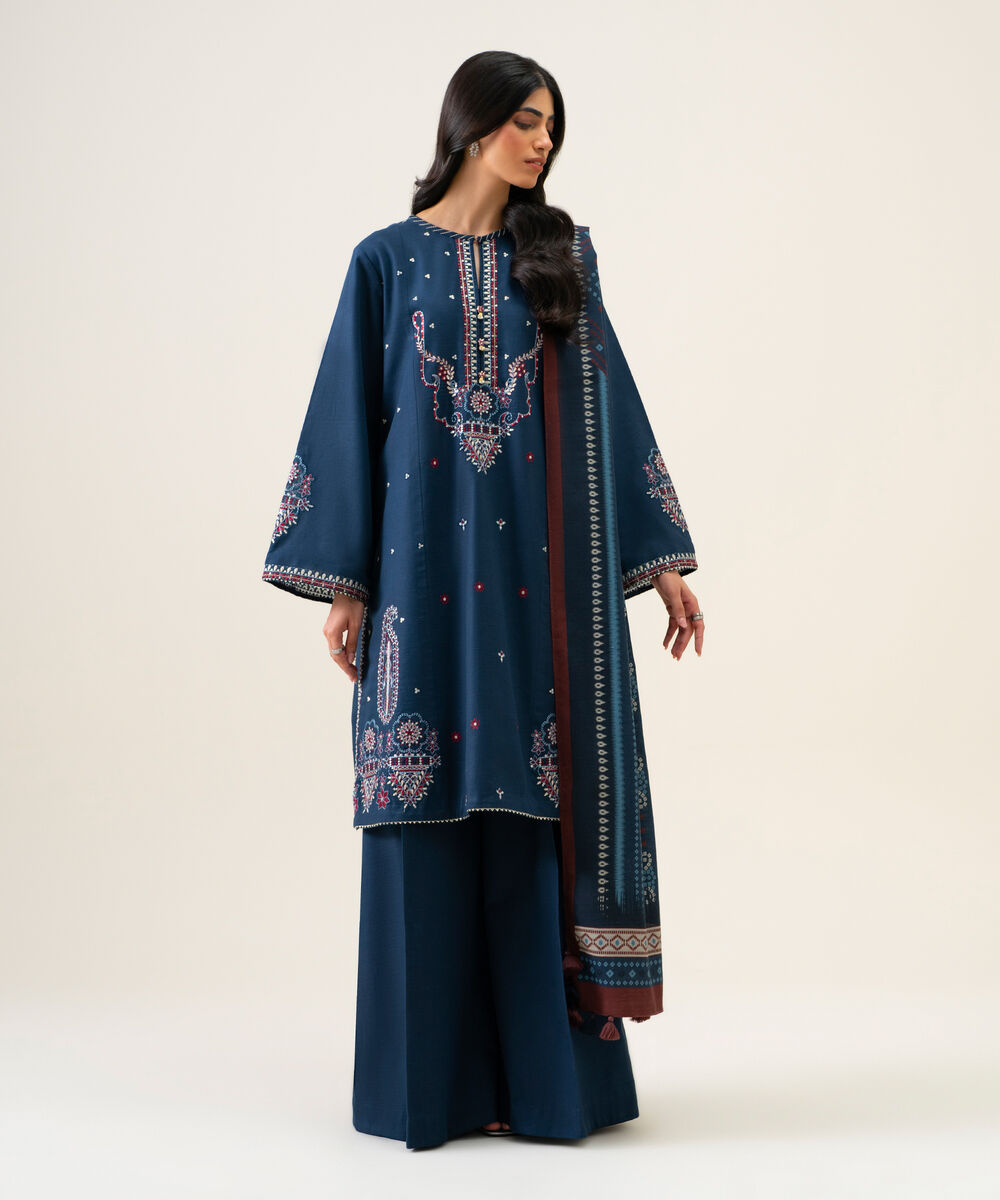 Womens Unstitched Light Khaddar Embroidered Dark Blue 3 Piece Suit