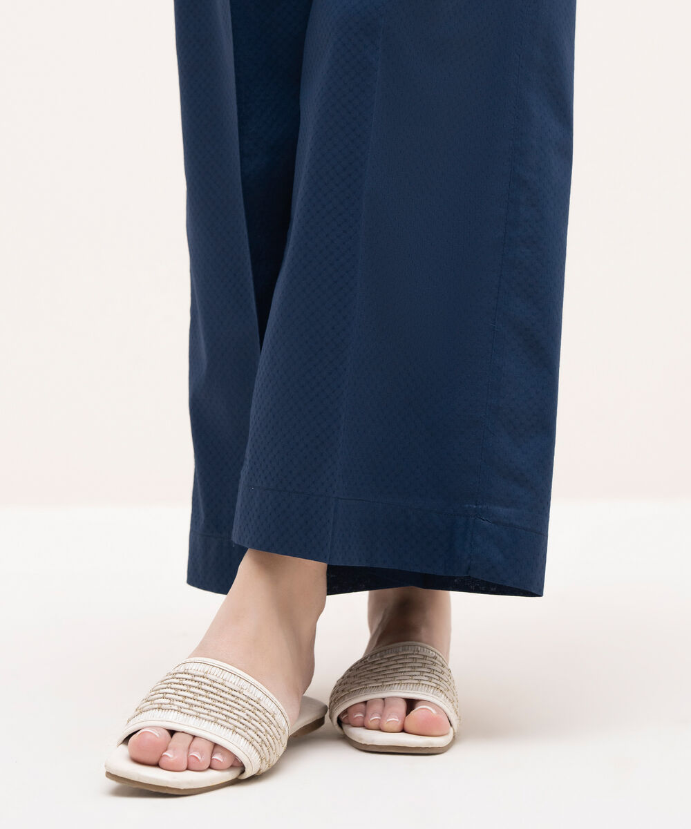 Women's RTW Textured Lawn Blue Solid Culottes