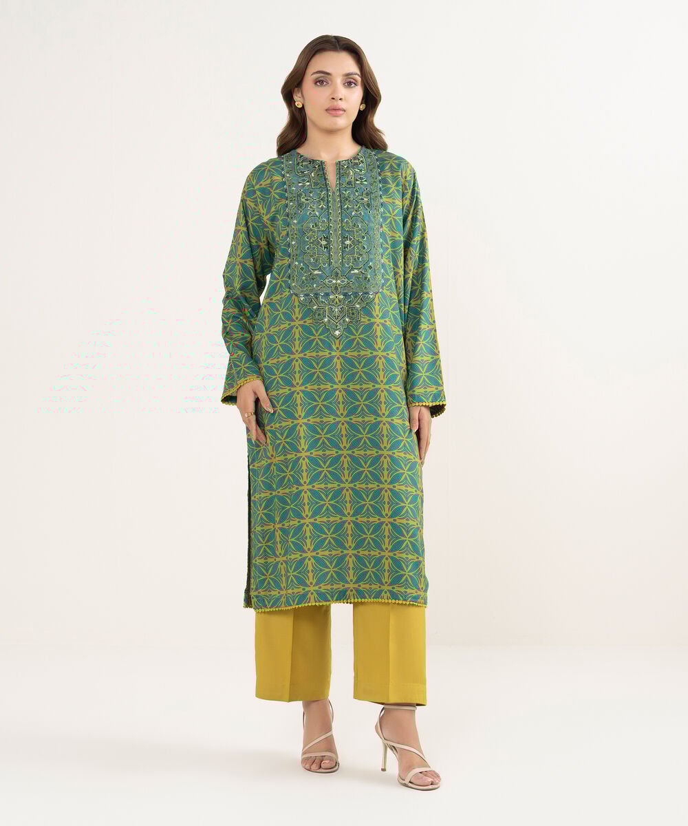 Women's RTW Arabic Cambric Embroidered Olive Green Straight Shirt