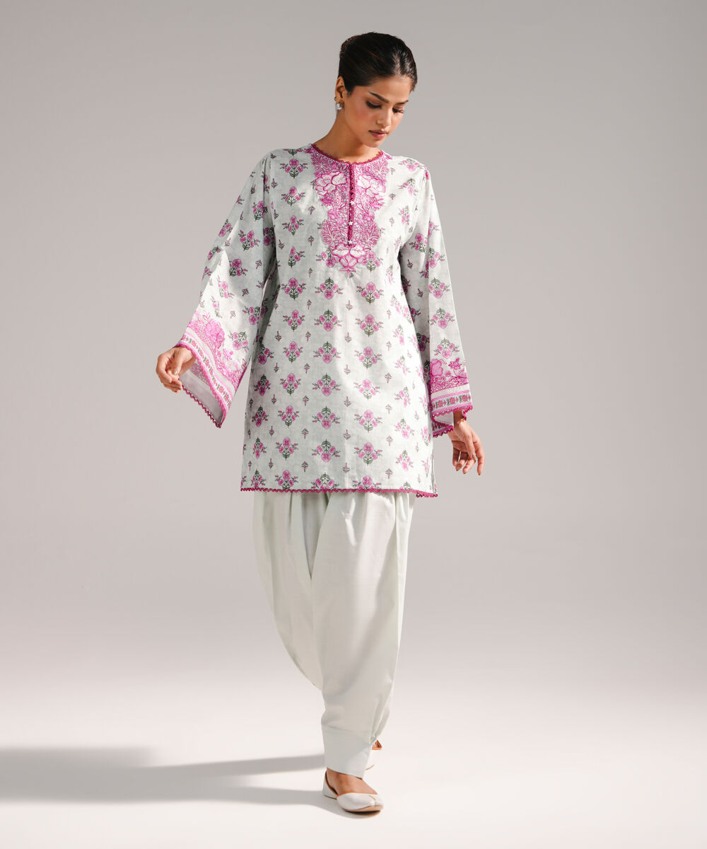 Women's RTW Slub Lawn Embroidered Seafoam Green Straight Shirt