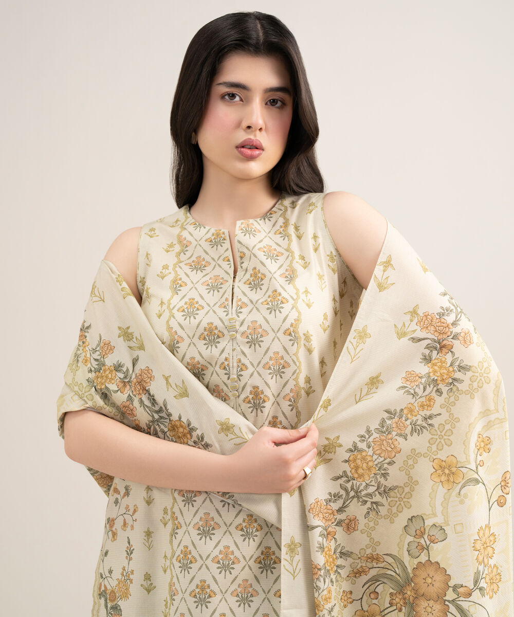 Women's Unstitched Zari Lawn Printed Beige 3 Piece Suit