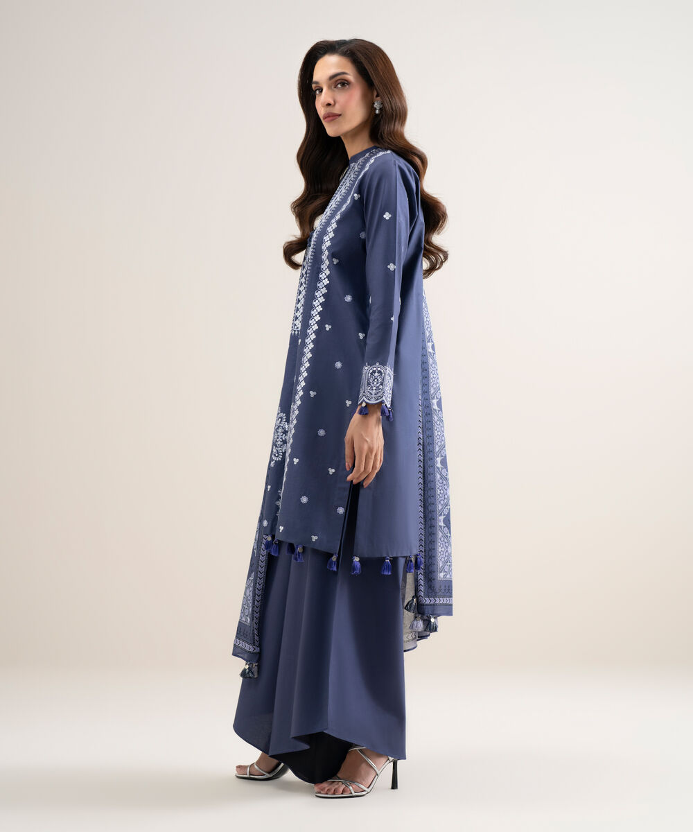 Women's Unstitched Lawn Embroidered Blue 3 Piece Suit
