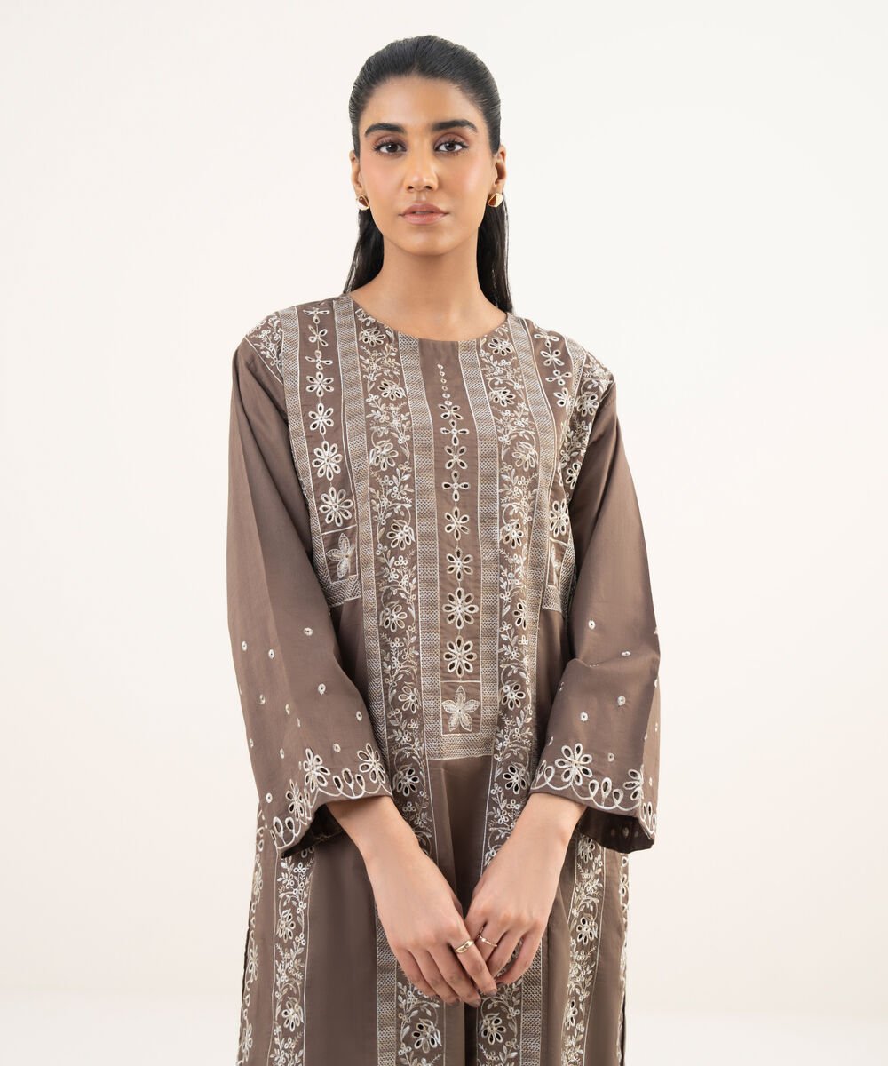 Women's RTW Cross Hatch Brown Embroidered A-Line Shirt