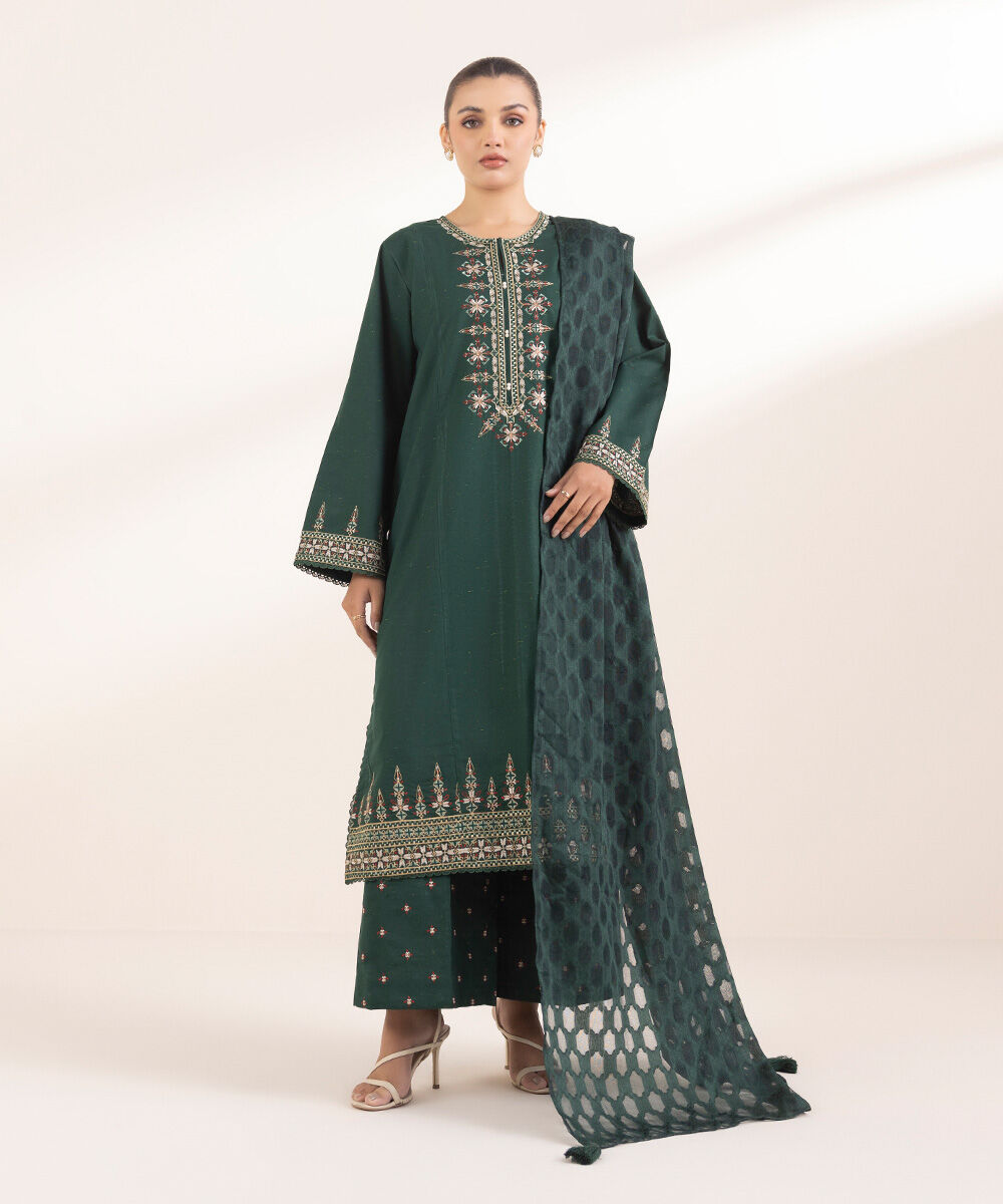 Women's Pret Multineps Green Embroidered A-Line Shirt