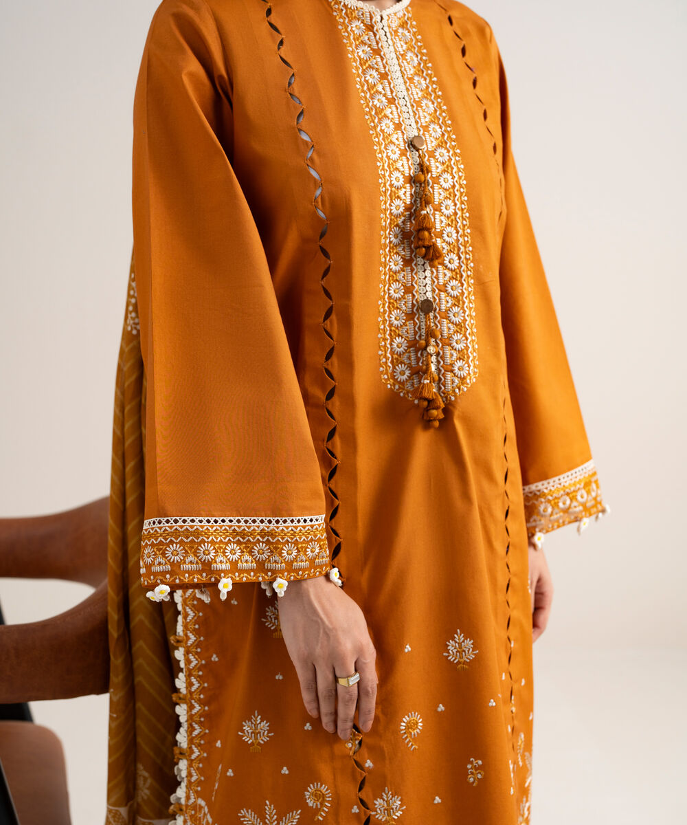 Women's Unstitched Cotton Embroidered Orange 3 Piece Suit