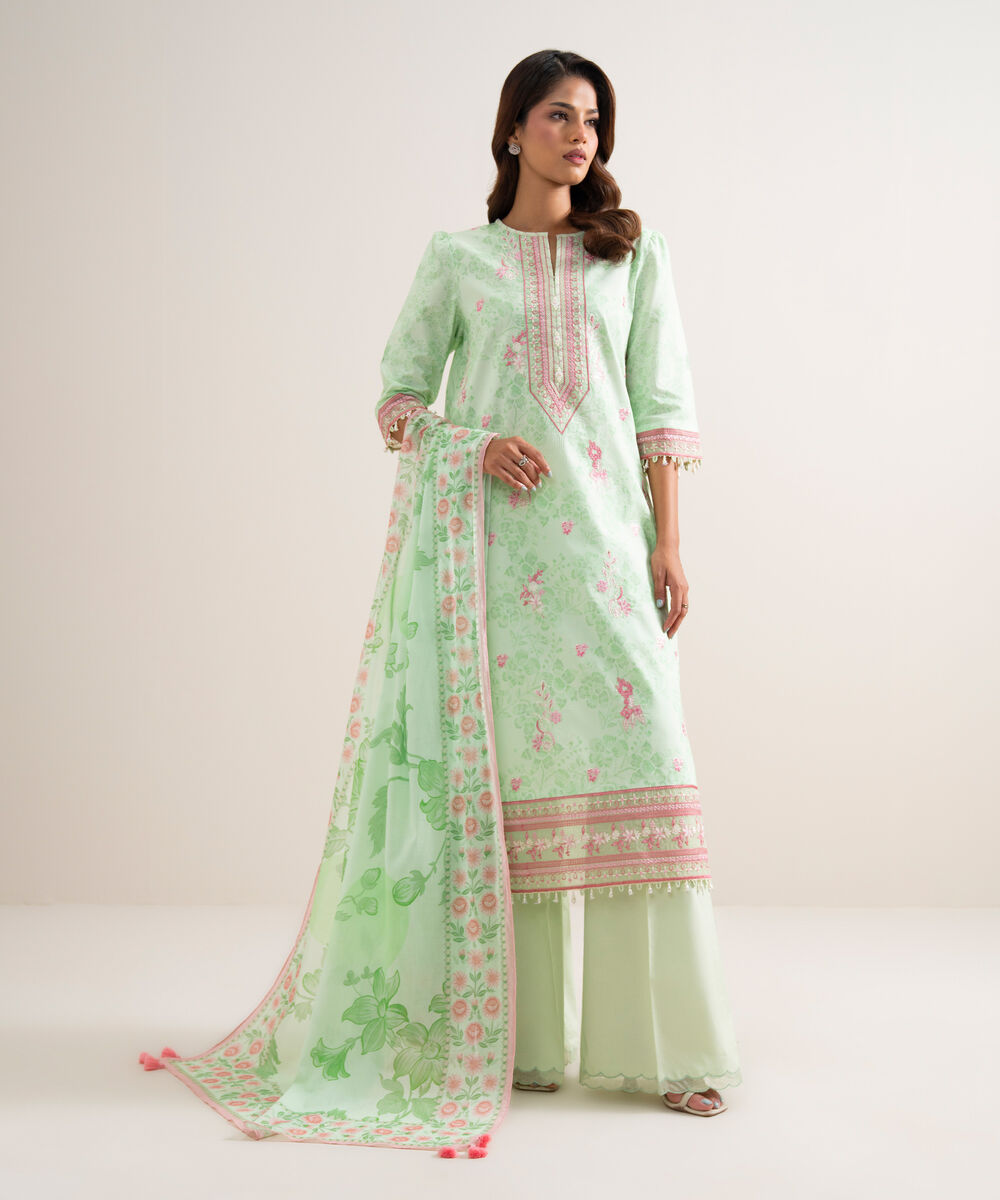 Women's Unstitched Lawn Embroidered Green 3 Piece Suit