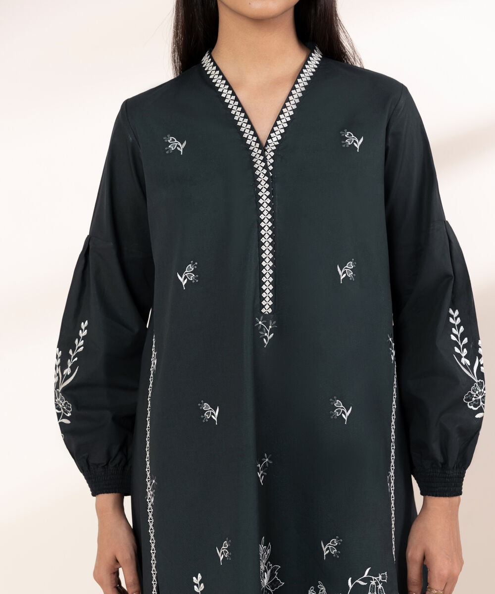 Women's Unstitched Cotton Embroidered Black 2 Piece Suit