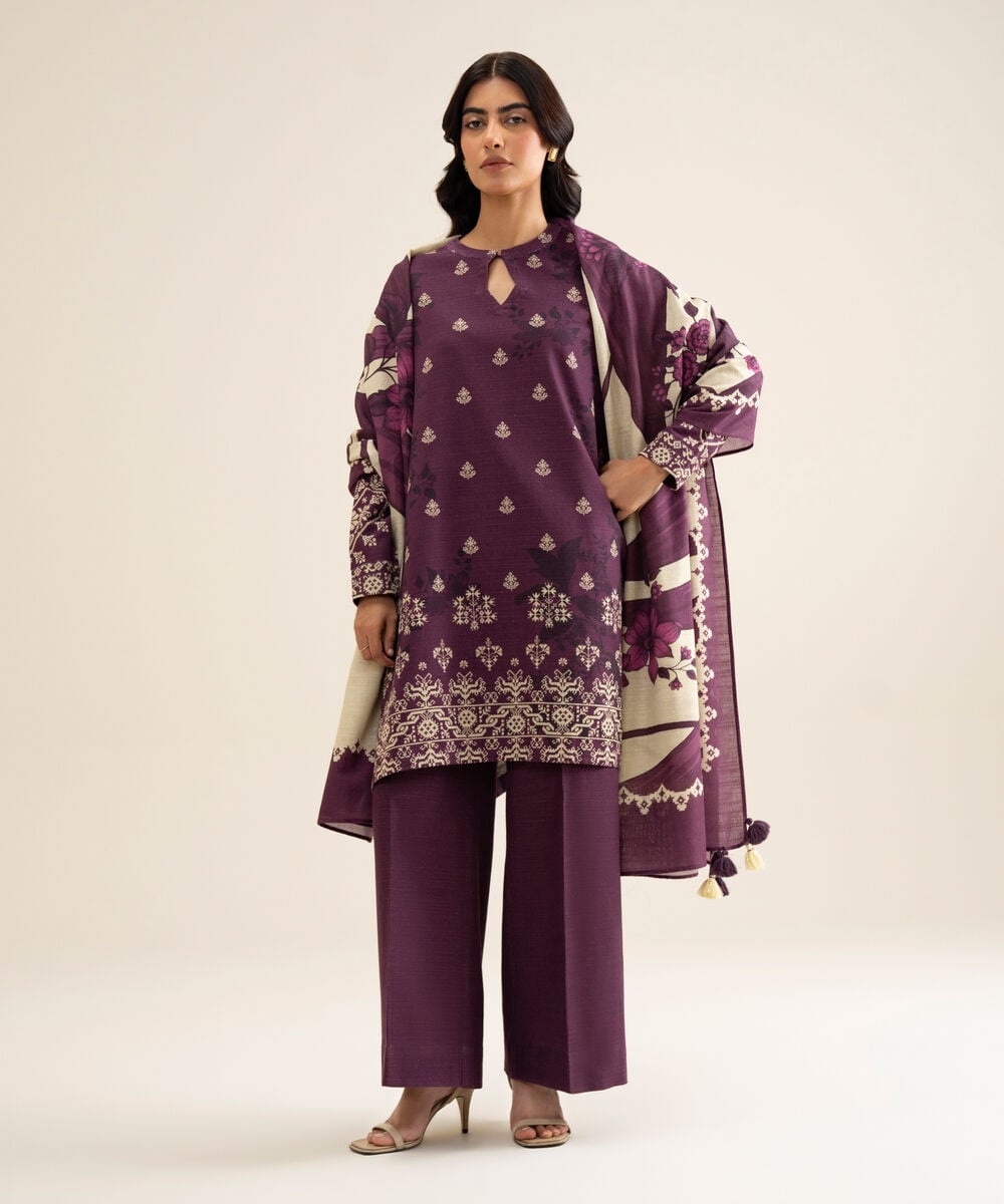 Women's Unstitched Light Khaddar Printed Plum 3 Piece Suit
