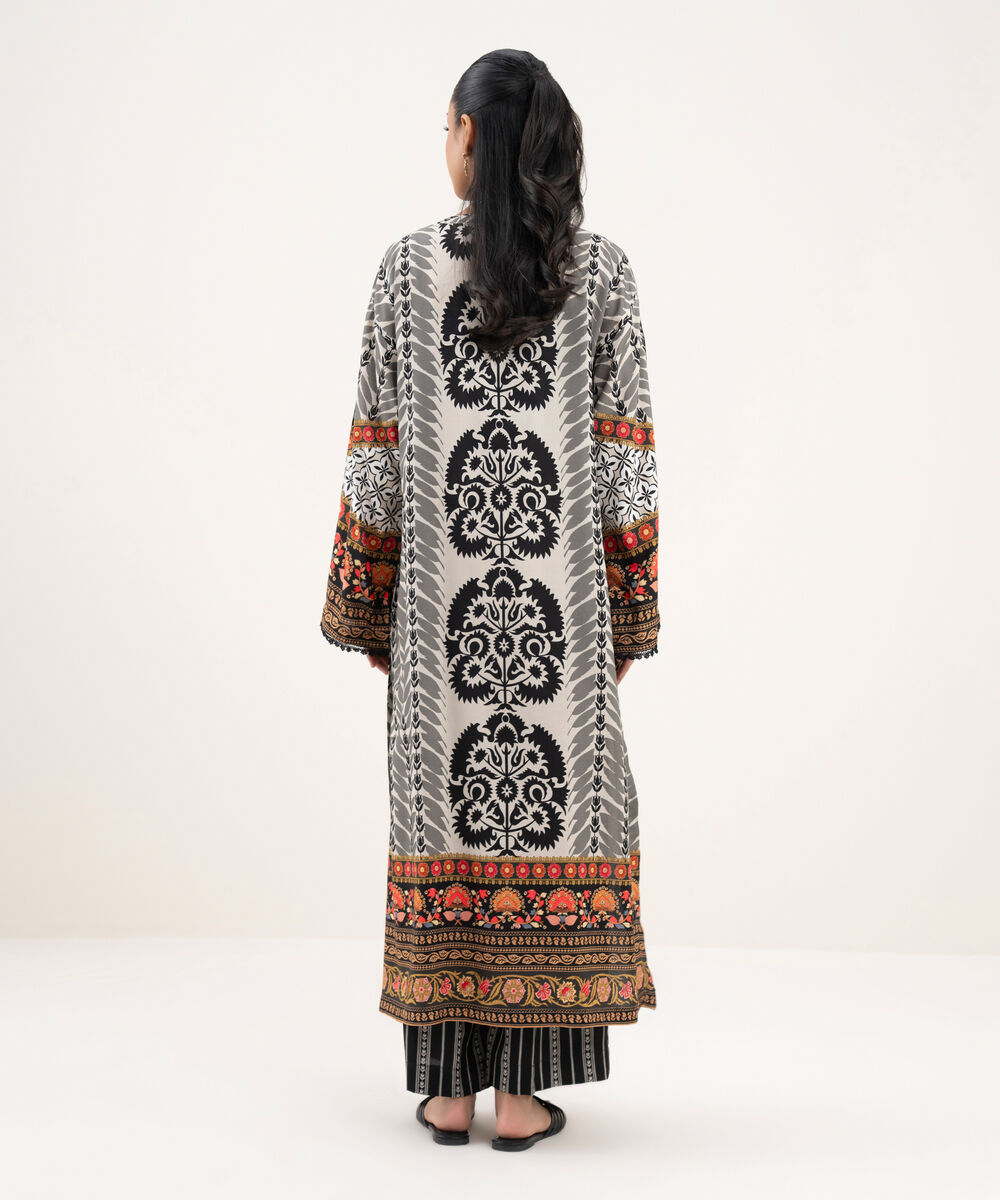 Women's RTW Viscose Linen Printed A-Line Grey Shirt