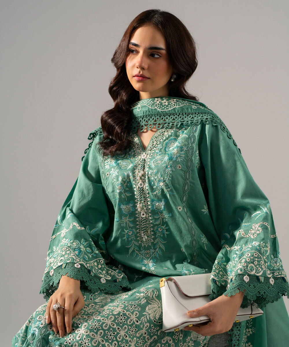 Women's RTW Self Jacquard Solid Embroidered Sand Green 3 Piece Suit