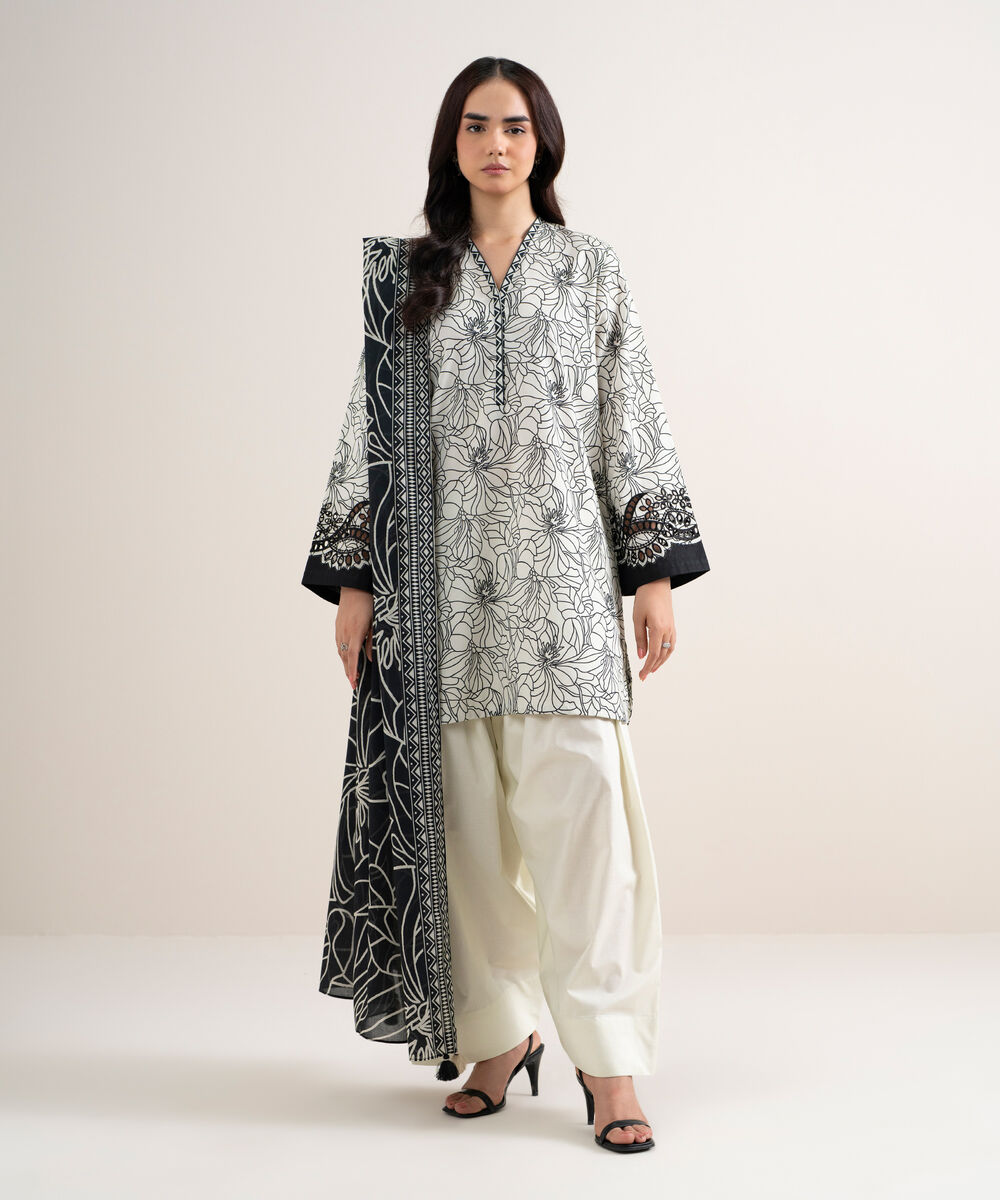 Women's Unstitched Lawn Embroidered Off White