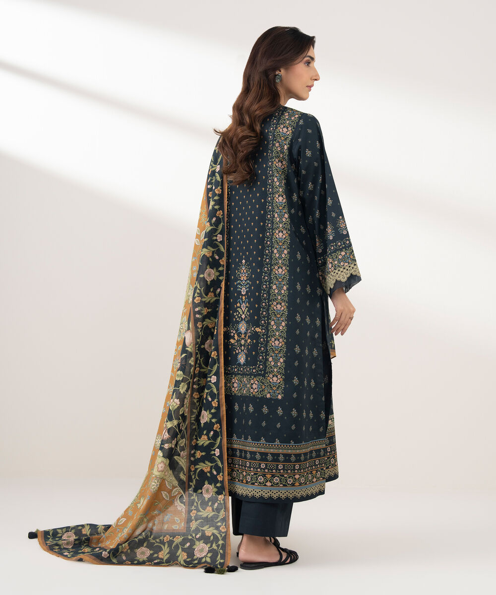 Women's Unstitched Lawn Printed Black  3 Piece Suit