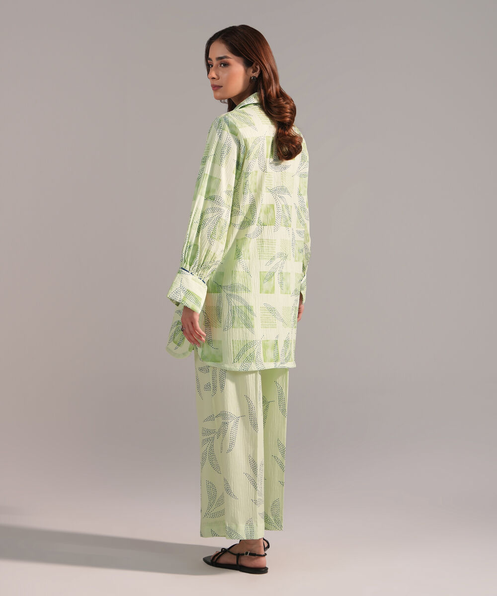 Women's RTW Seersucker Printed Green Straight Shirt