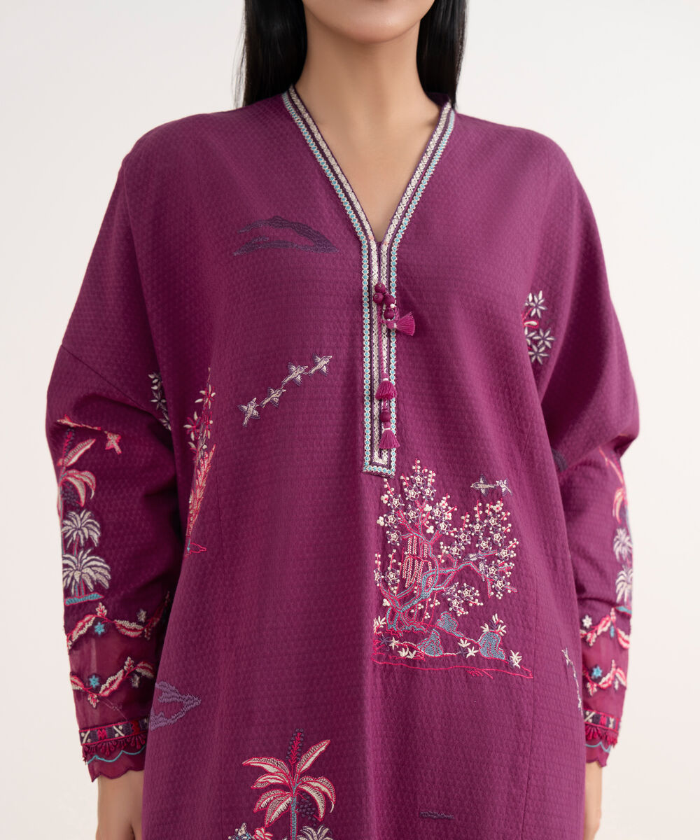 Women's Unstitched Dobby Embroidered Purple 3 Piece Suit