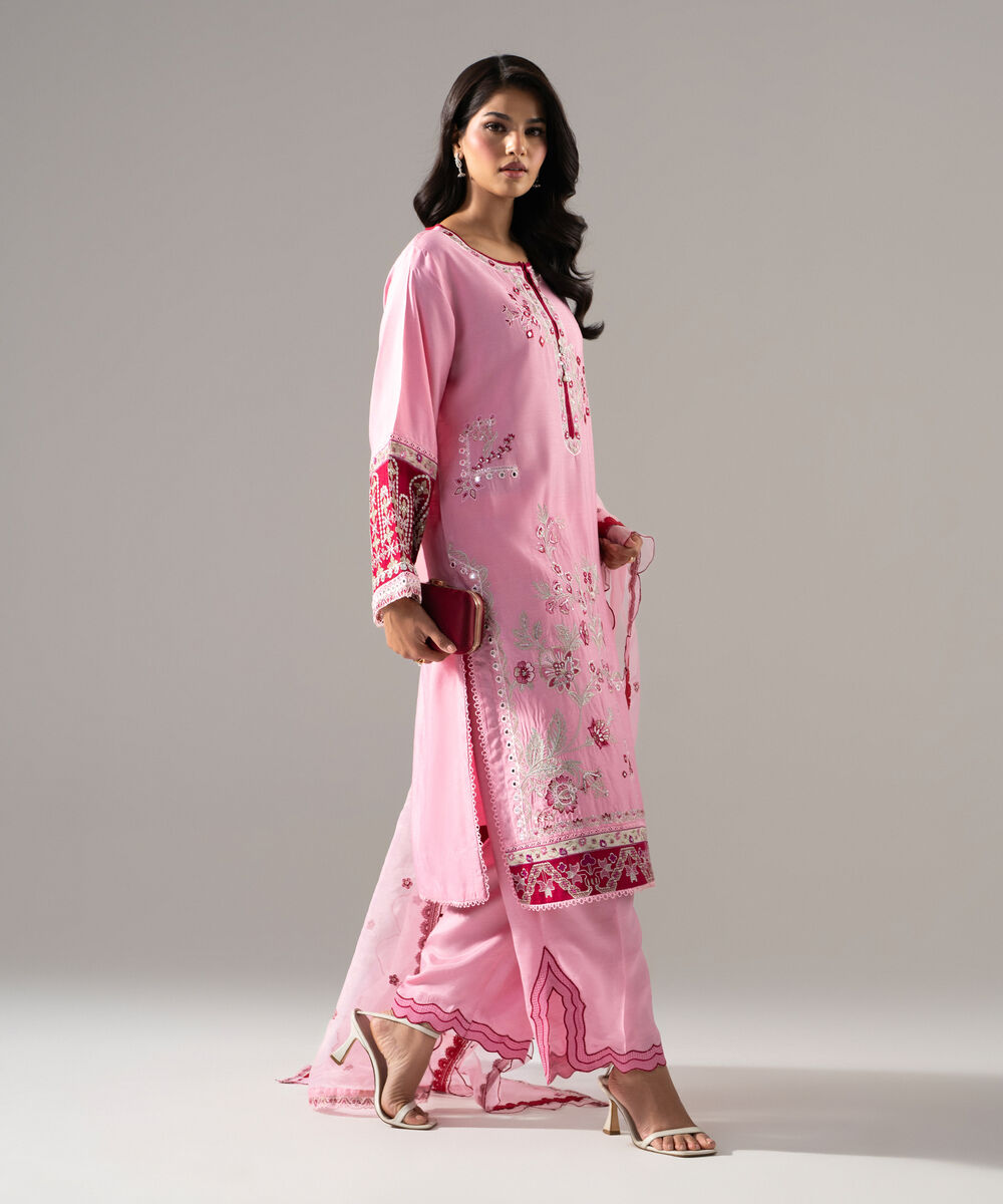 Women's RTW Raw Silk Solid Embroidered Pink 3 Piece Suit