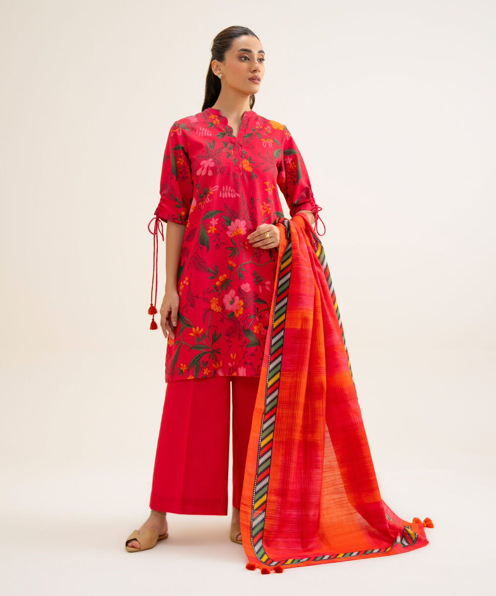 Women's Unstitched Premium Khaddar Printed Pink 3 Piece Suit