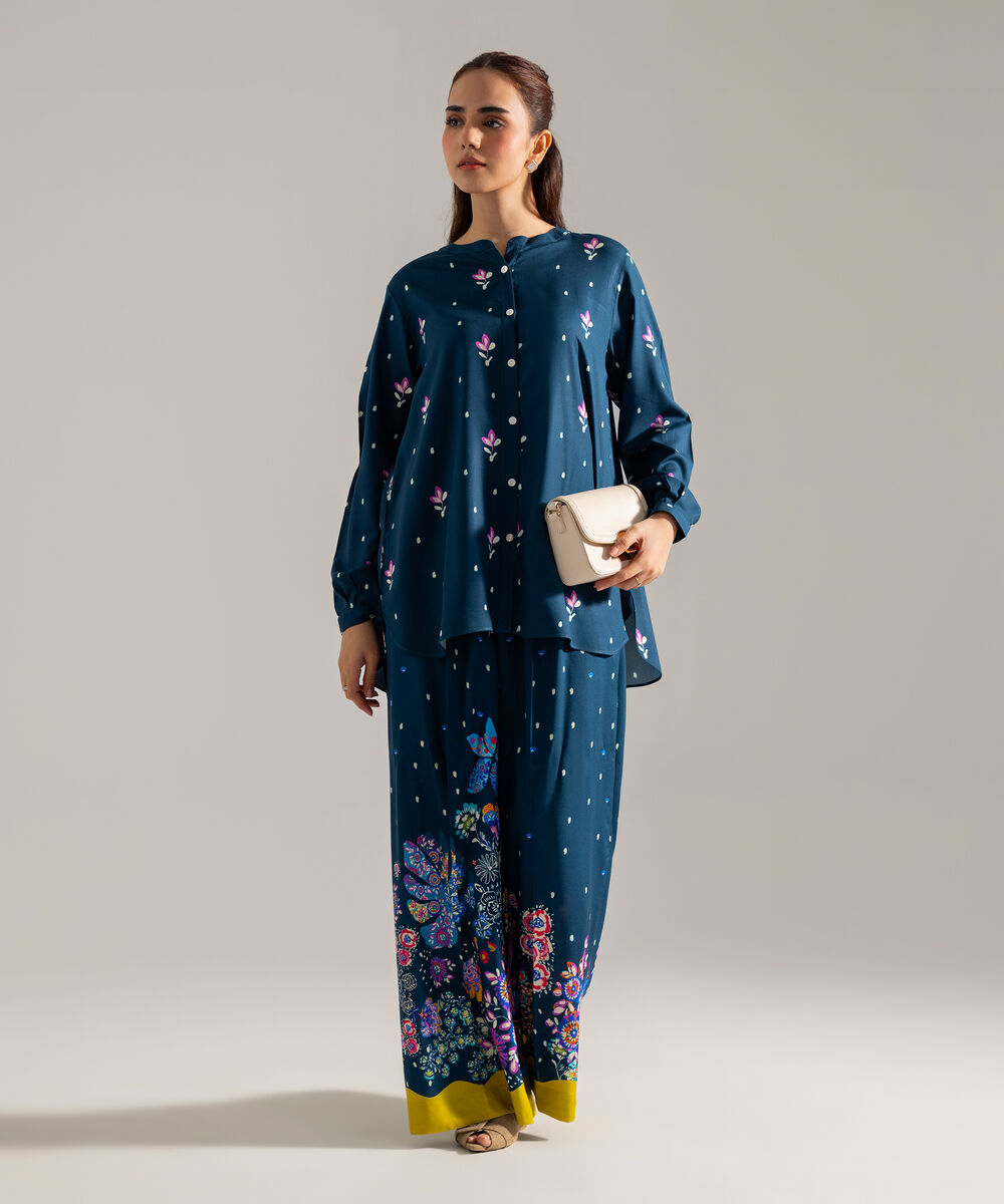 Women's RTW Printed Blue Viscose Linen 2 Piece Suit
