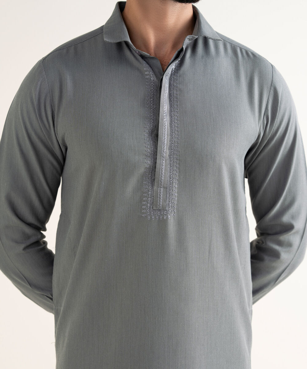 Men's Premium Wash And Wear Embroidered Grey Kameez Shalwar