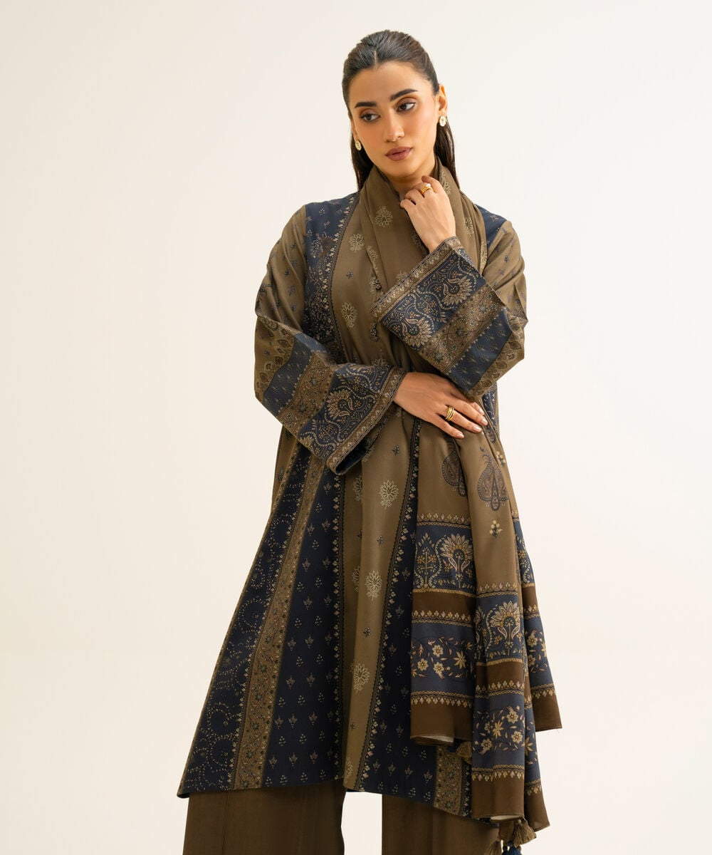 Women's Unstitched Viscose Linen Printed Brown 3 Piece Suit