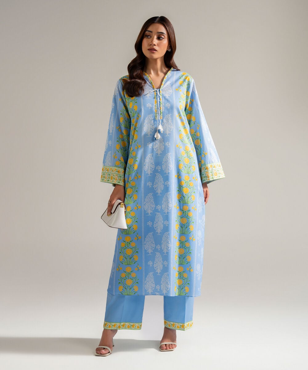 Women's RTW Slub Lawn Printed Blue Straight Shirt