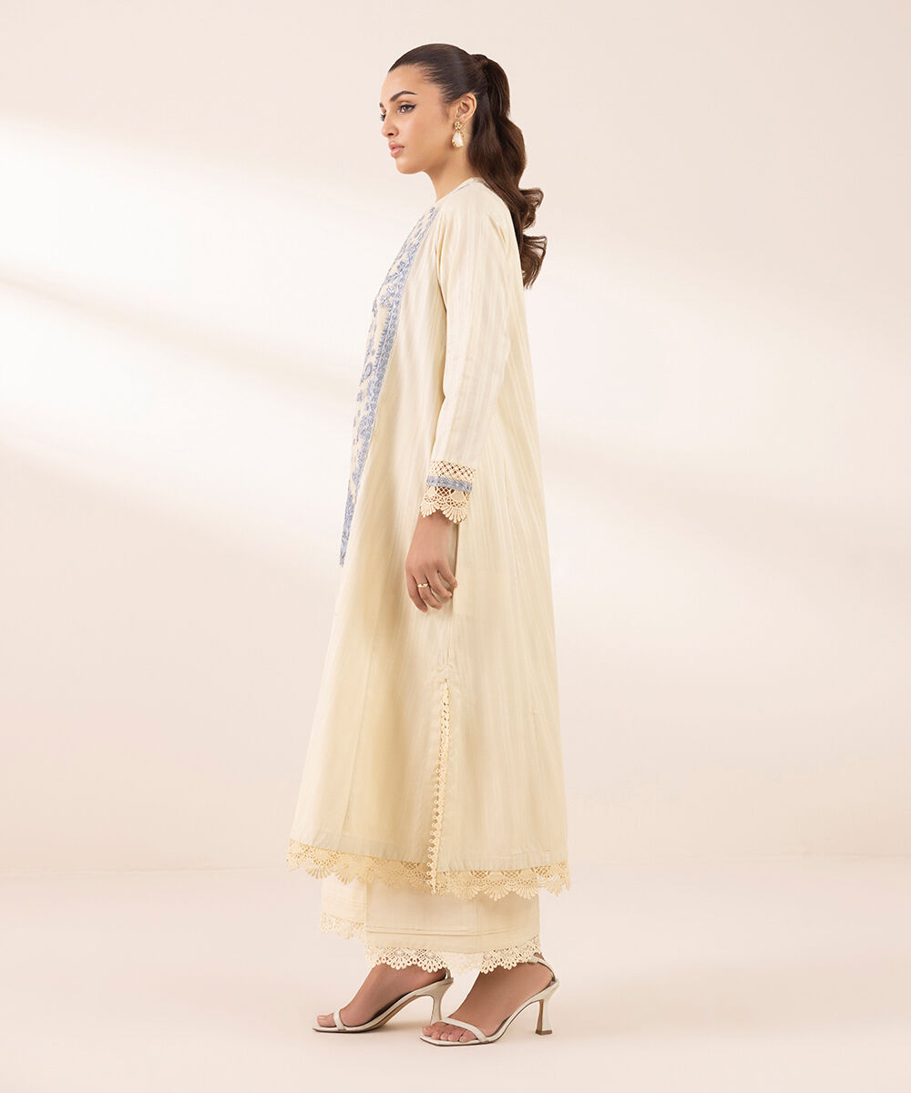 Women's RTW Dobby Beige Embroidered A-Line Shirt