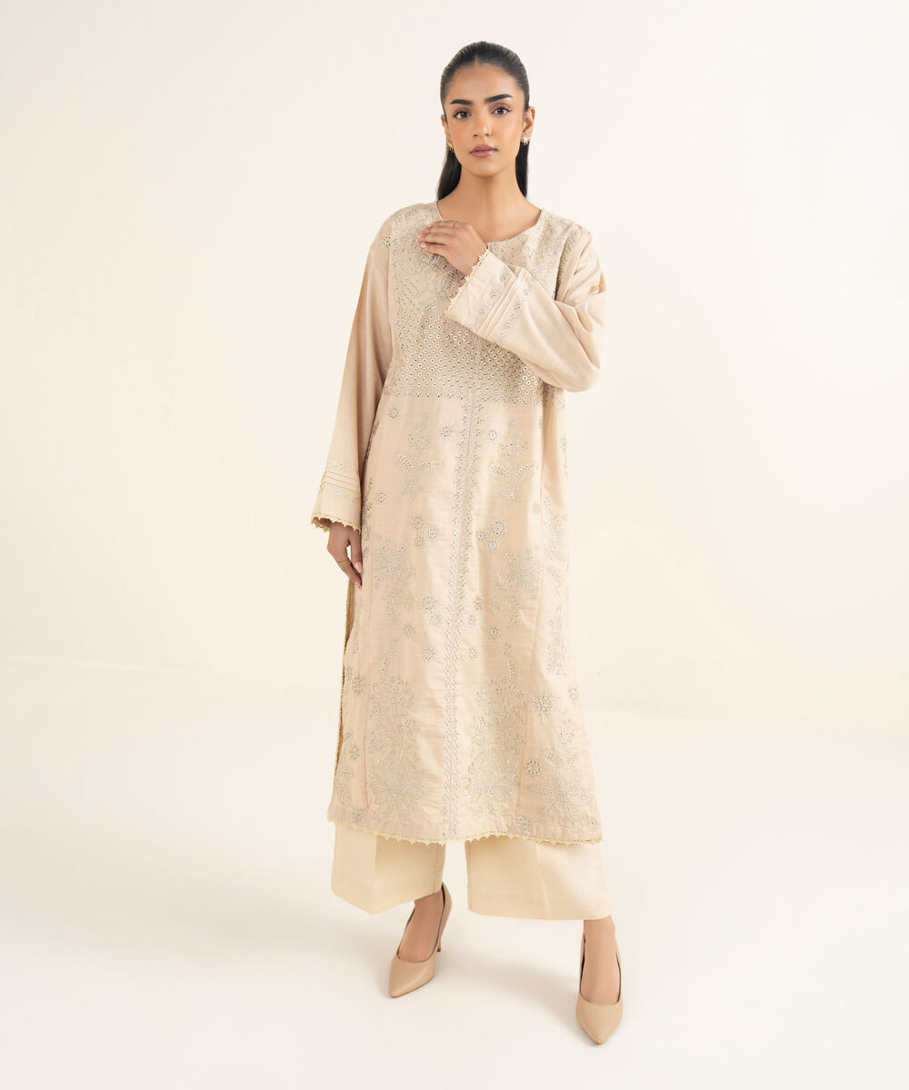 Women's RTW Light Khaddar Embroidered Beige A-Line Shirt