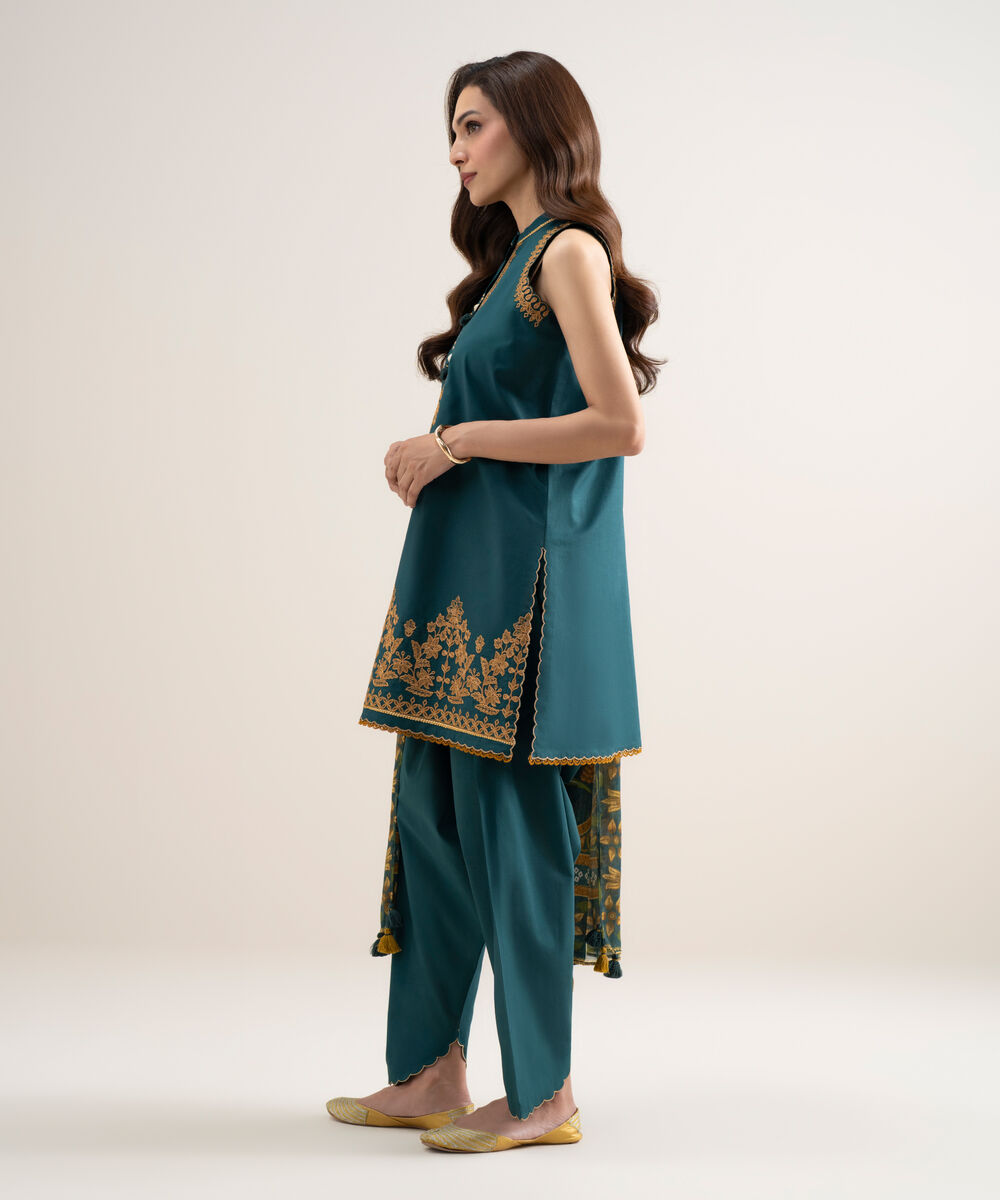 Women's Unstitched Lawn Embroidered Dark Green 3 Piece Suit
