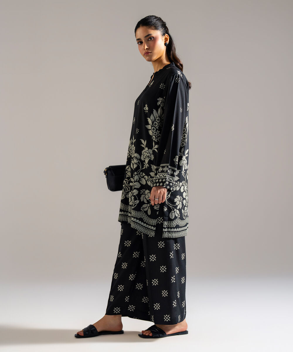 Women's RTW Arabic Lawn Printed Black 2 Piece Suit