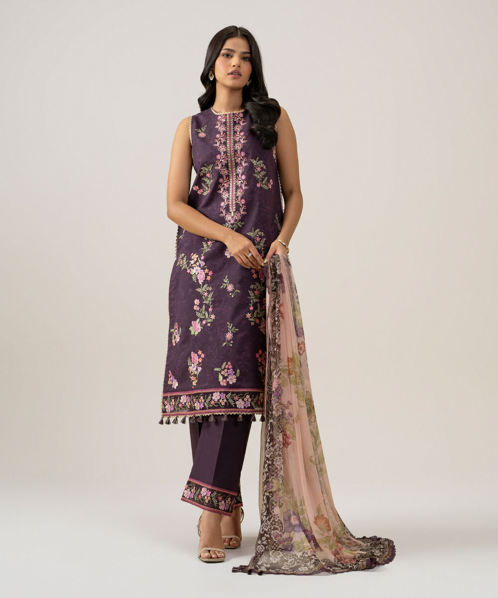 Women's Unstitched Blended Chiffon Embroidered Plum 3 Piece Suit