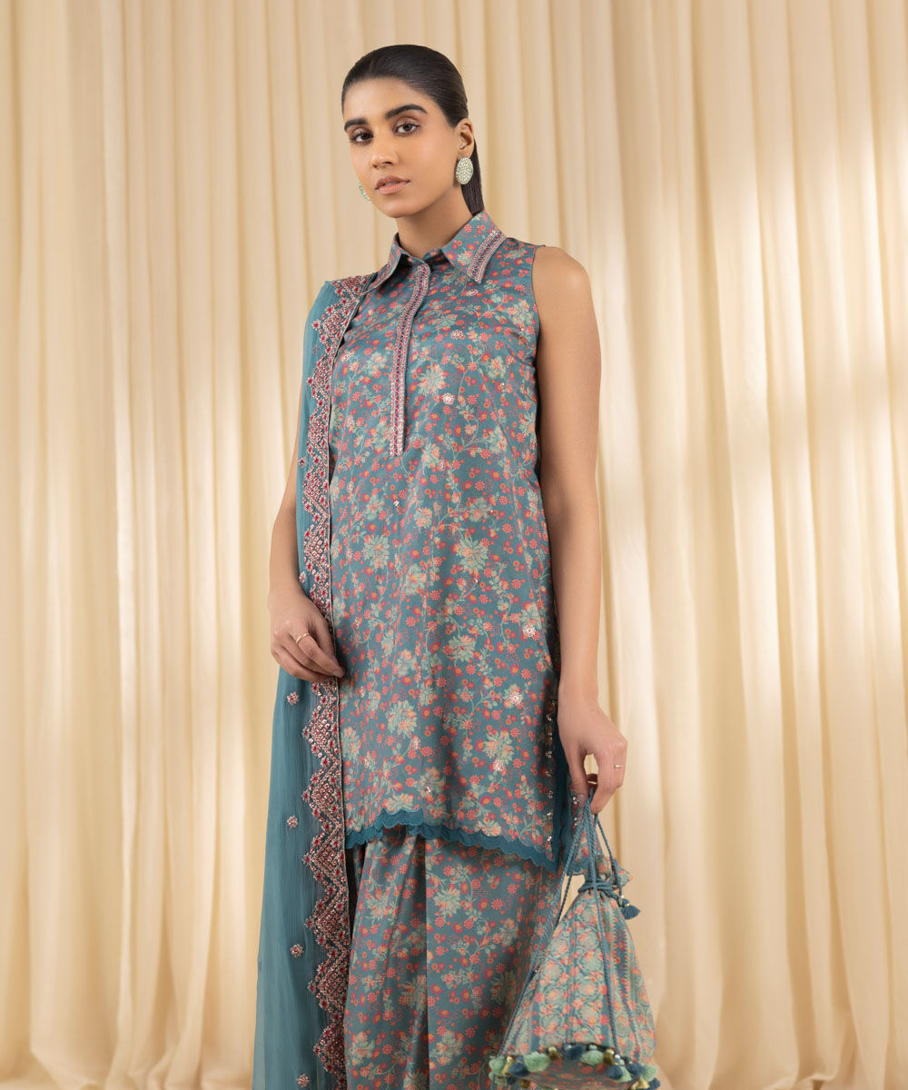 Unstitched Women's Embroidered Blended Grip Silk Grey Three Piece Suit