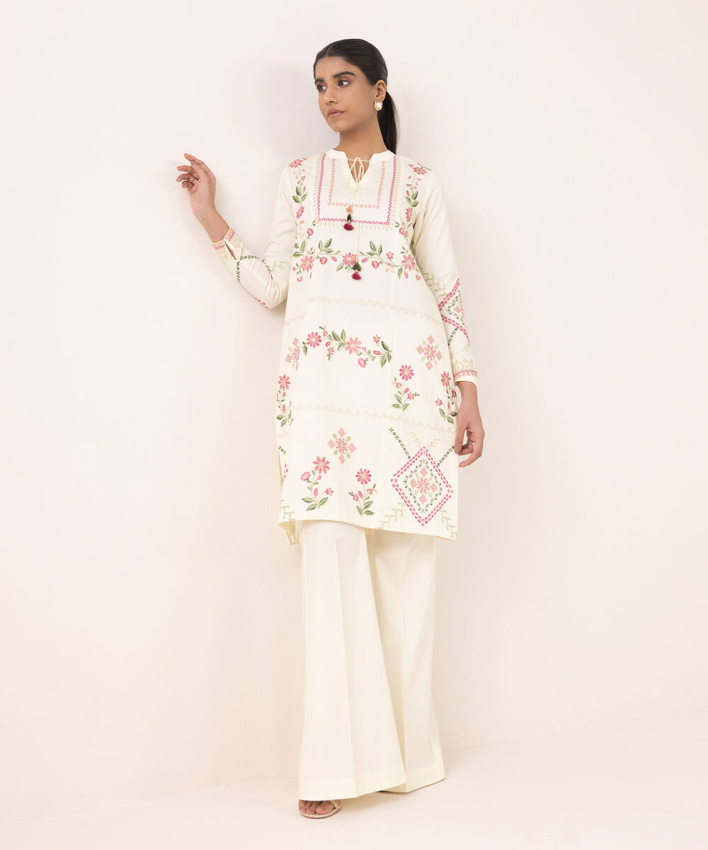 Women's Unstitched Cotton Embroidered Off White Two Piece Suit