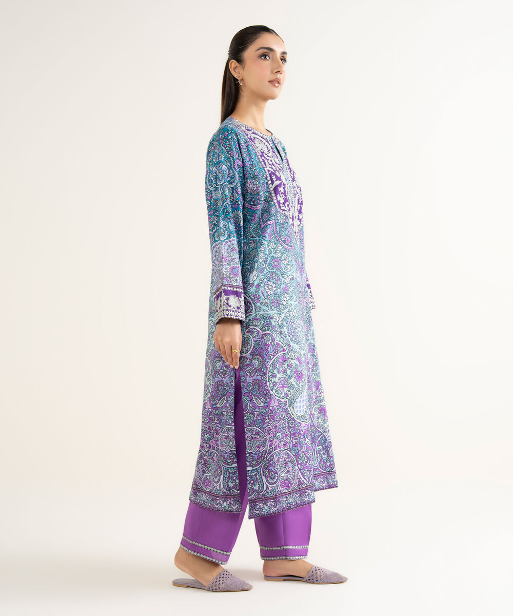 Women's RTW Linen Viscose Embroidered Blue A-Line Shirt