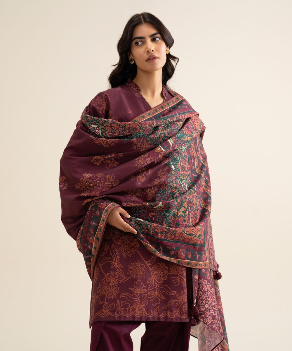 Women's Unstitched Lawn Printed Maroon 3 Piece Suit
