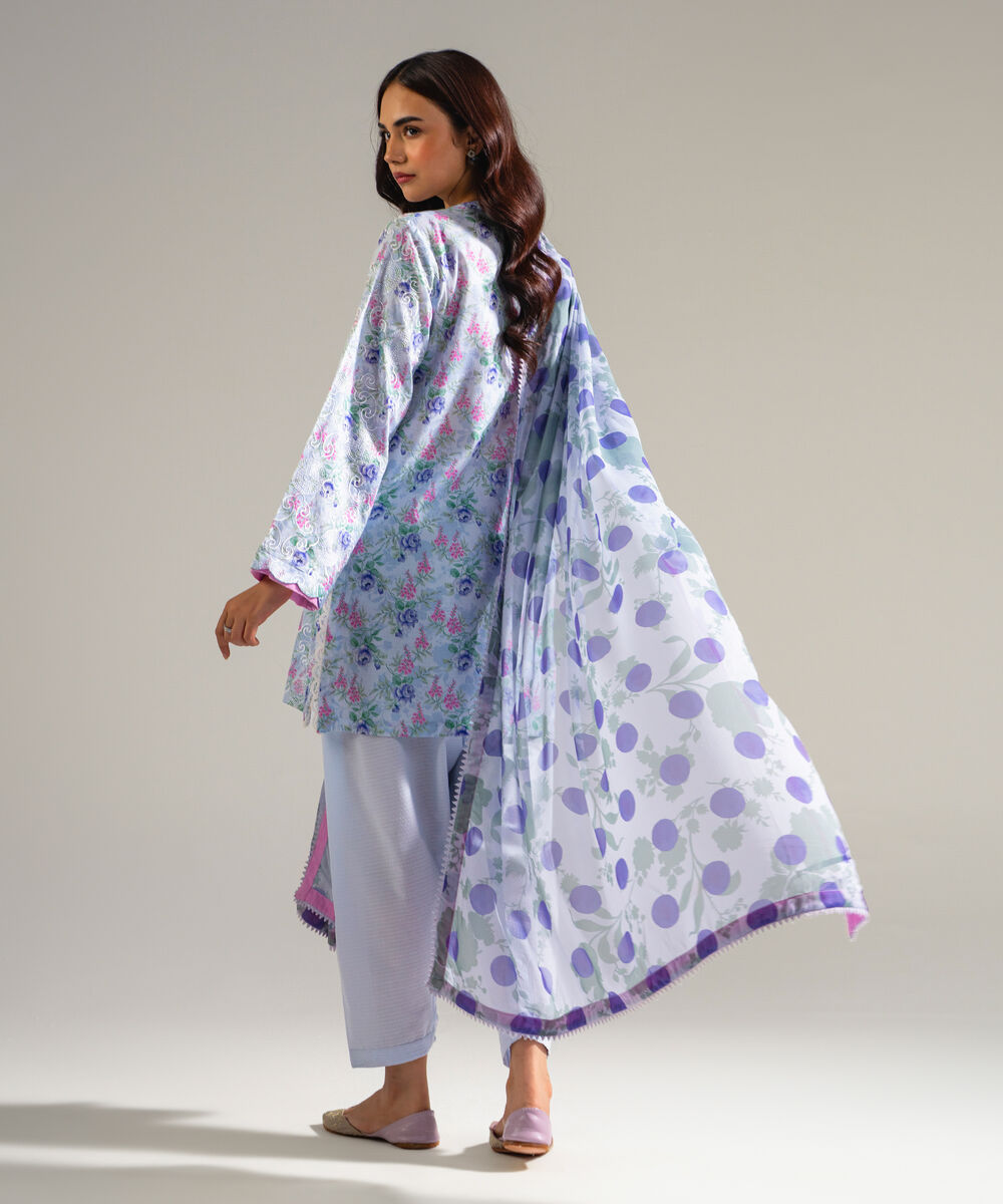 Women's RTW Dobby Embroidered Blue 3 Piece Suit