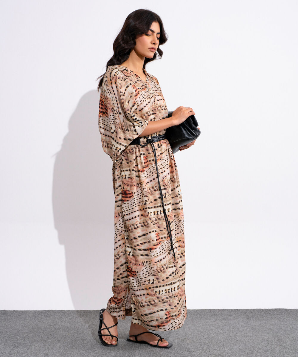 Women's Multicoloured Printed Kimono Dress With Leather Belt