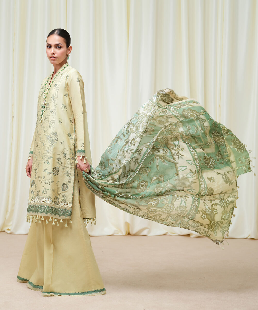 Women's Unstitched Fine Cotton Satin Embroidered Off White 3 Piece Suit