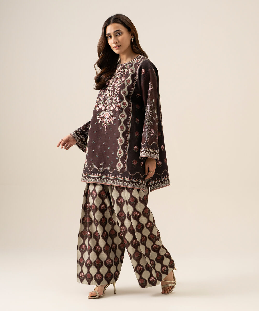 Women's Unstitched Light Khaddar Printed Burgundy 2 Piece Suit