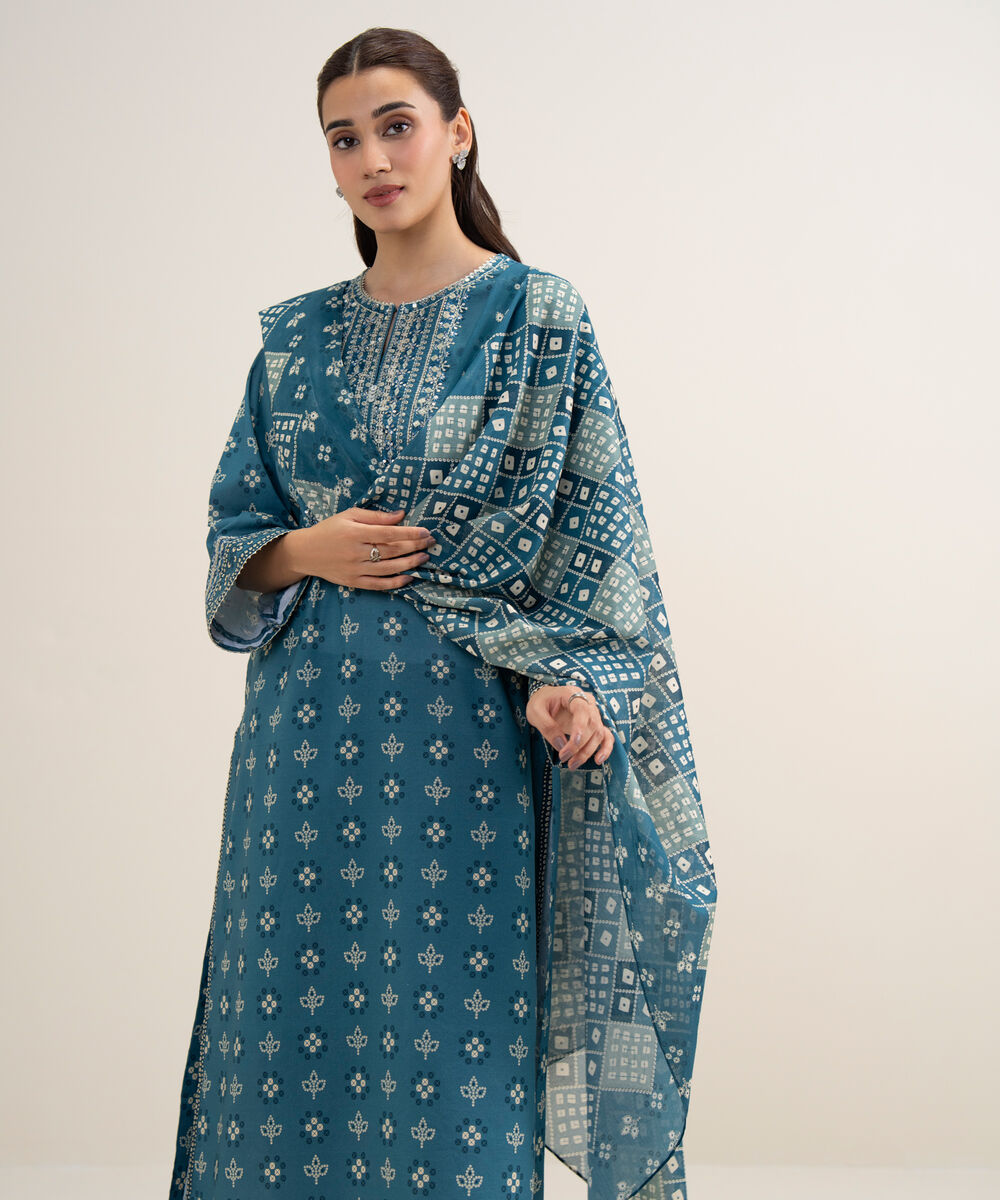 Women's Unstitched Lawn Embroidered Teal Dark 3 Piece Suit