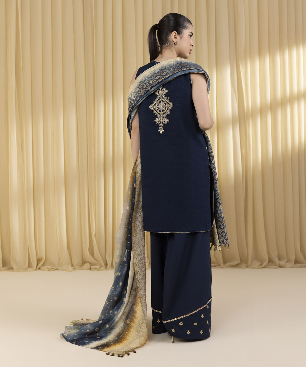 Unstitched Women's Blue Dobby 3 Piece Suit