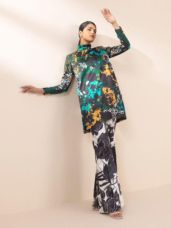 2 Piece - Embroidered Satin Suit