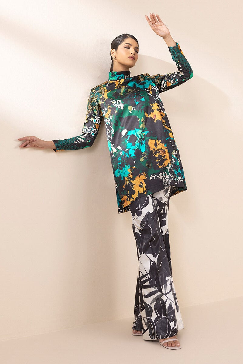 2 Piece - Embroidered Satin Suit