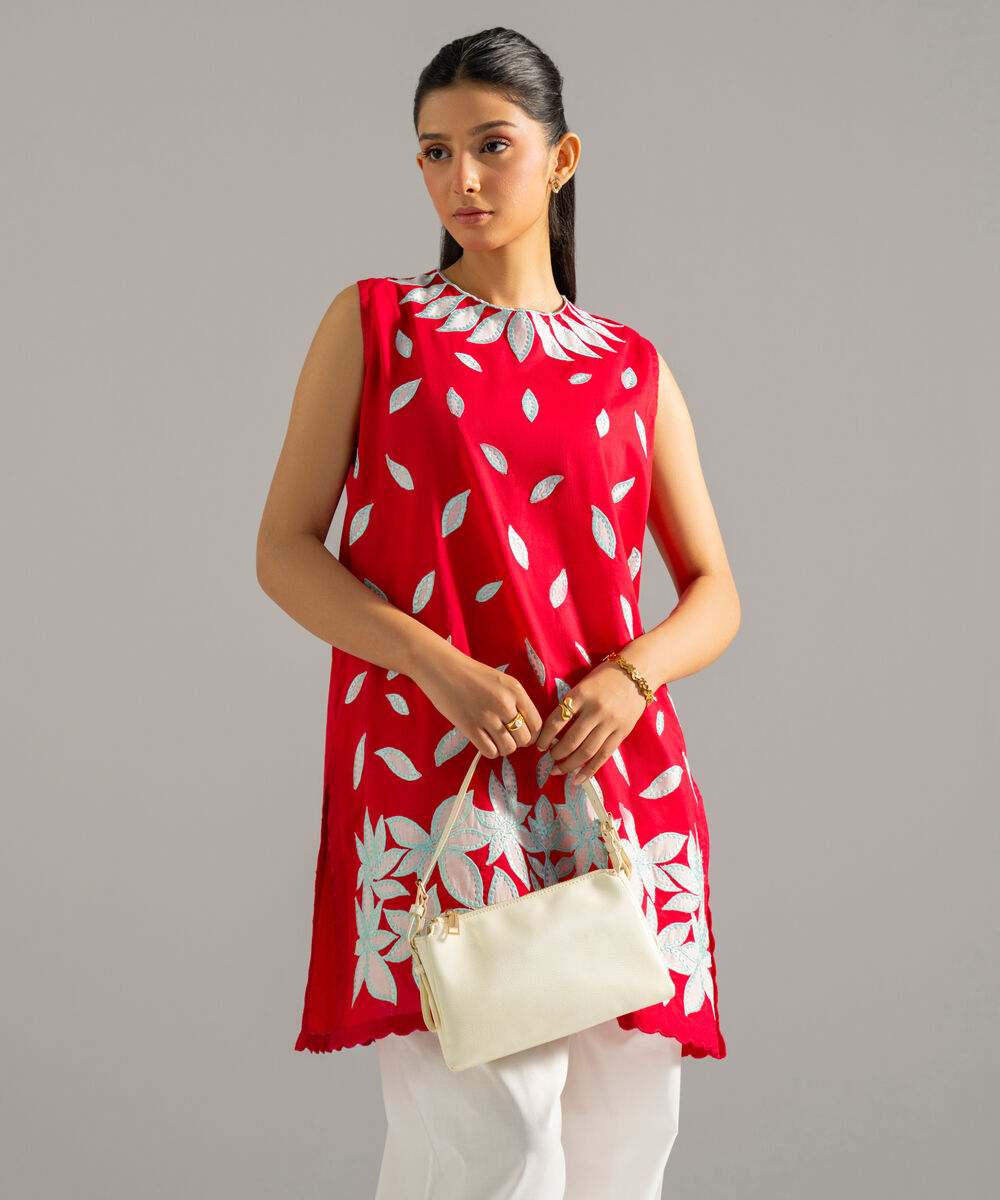 Women's RTW Lawn Solid Embroidered Red 2 Piece Suit