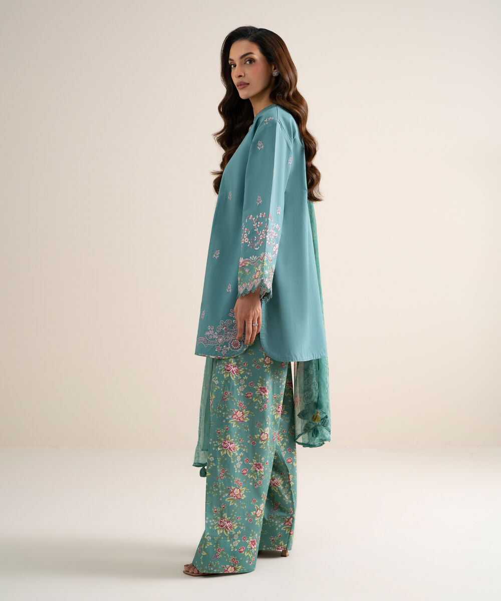 Women's Unstitched Slub Lawn Embroidered Blue  3 Piece Suit