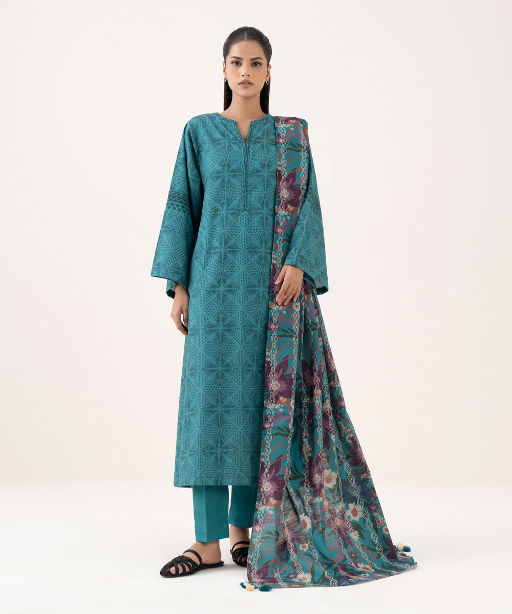 Women's Unstitched Light Khaddar Printed Green Three Piece Suit