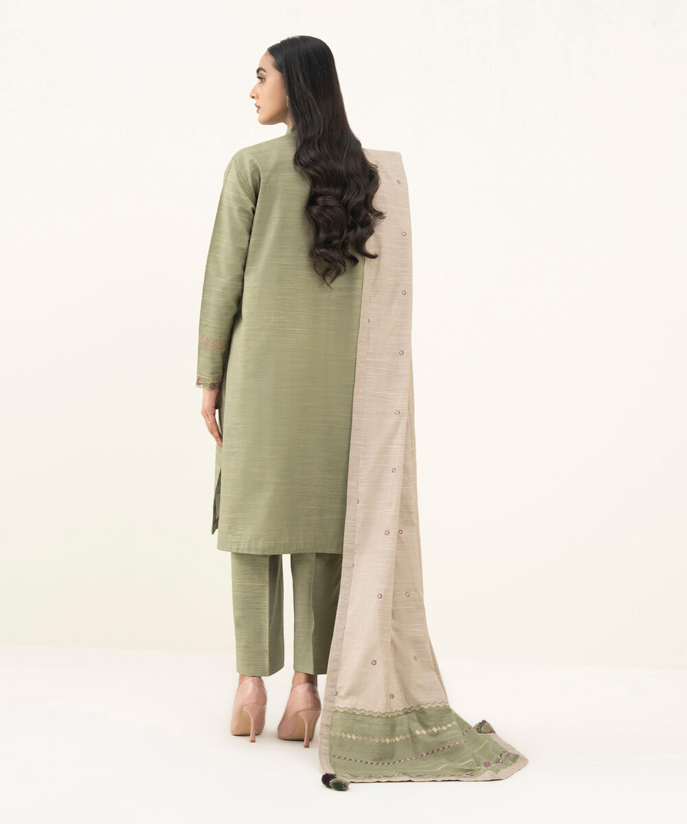 Women's Unstitched Embroidered Khaddar Moss Green 3 Piece Suit