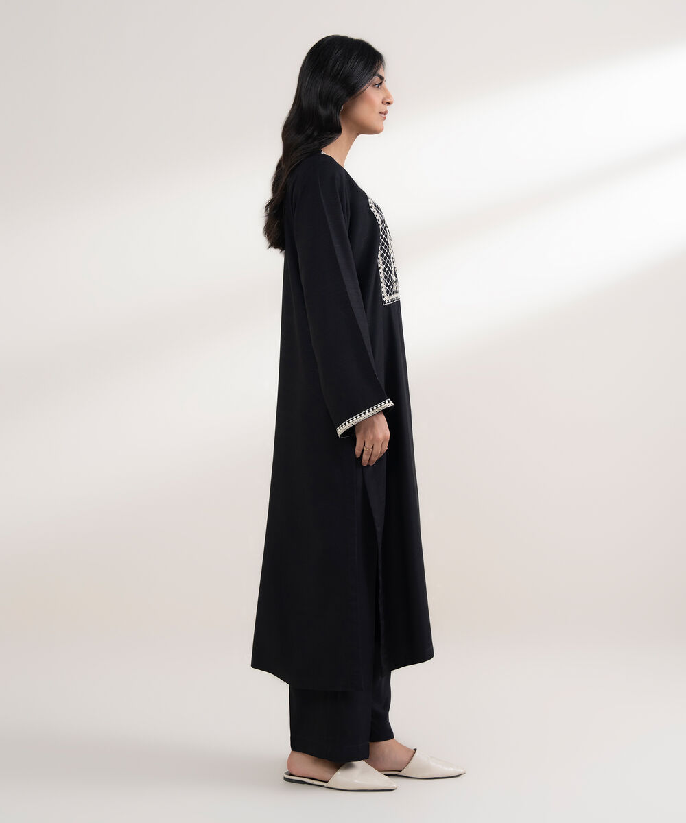 Women's RTW Arabic Khaddar Embroidered Black Straight Shirt